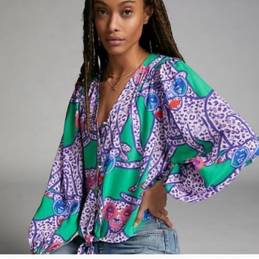 Anthropologie Kendra Dandy Dreamer tie front shirt bright maximalism small 4 - Picture 4 of 7